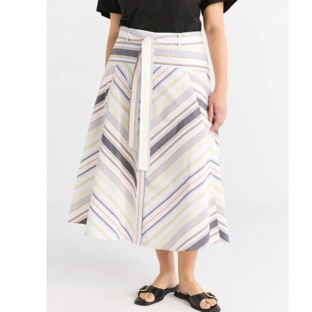 Free Assembly Womens 2X Striped Button Front Midi Skirt High Waist Tie‎ Belt NWT